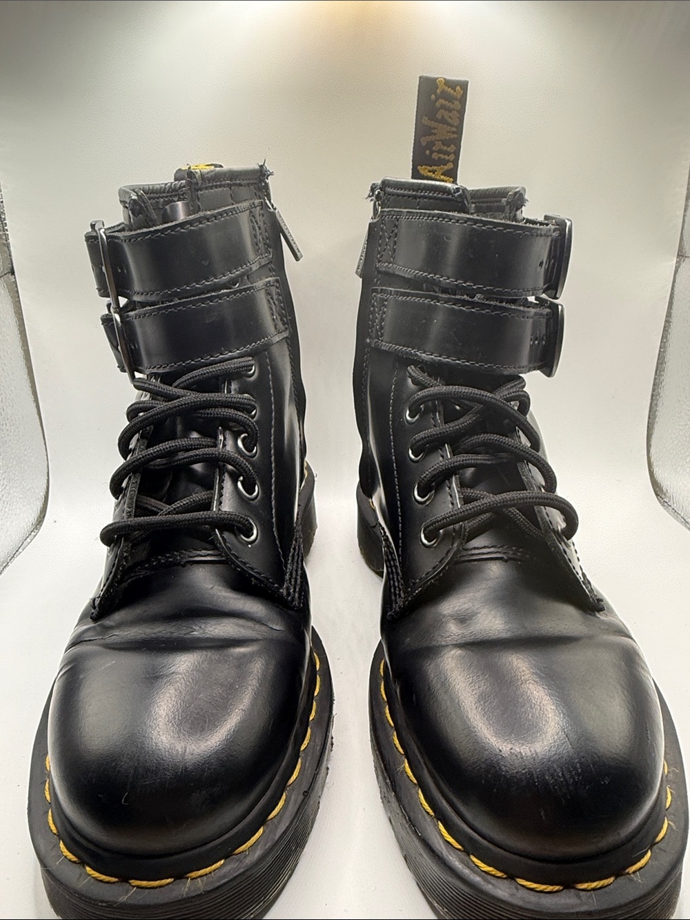 Dr. Martens Black Leather Lace-Up Combat Boots with Yellow Stitching